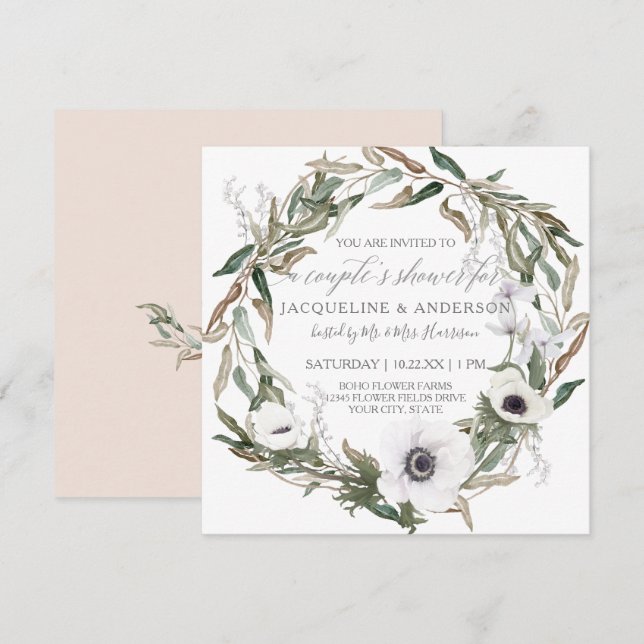Couples Bridal Shower Rustic White Floral w Olive Invitation (Front/Back)