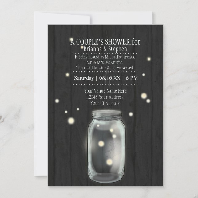 Couples Bridal Shower w Mason Jar n Fireflies Invitation (Front)