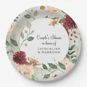 Couples Bridal Shower Watercolor Floral Grey Coral Paper Plate