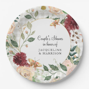 Couples Bridal Shower Watercolor Floral Plaid Grey Paper Plate