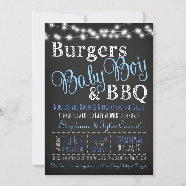 Couples Coed Burger Baby Boy BBQ Shower Invitation (Front)