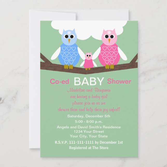 Couples Coed Girl Baby Shower Invitation Owls (Front)