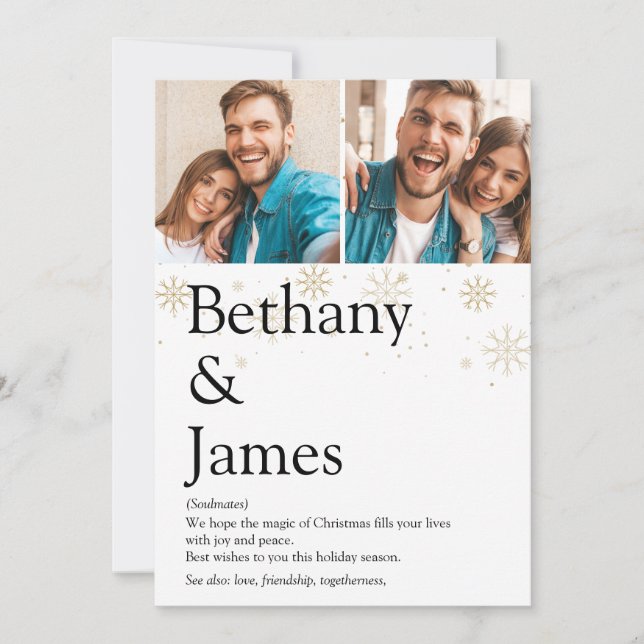 Couples Definition 2 Photo Gold Snow Christmas Holiday Card (Front)