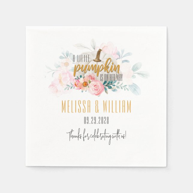 Couples Fall Baby Shower Pumpkin Floral Custom Napkin (Front)