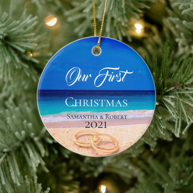 Couples First Christmas Name Date Tropical Beach Ceramic Tree Decoration (Tree)
