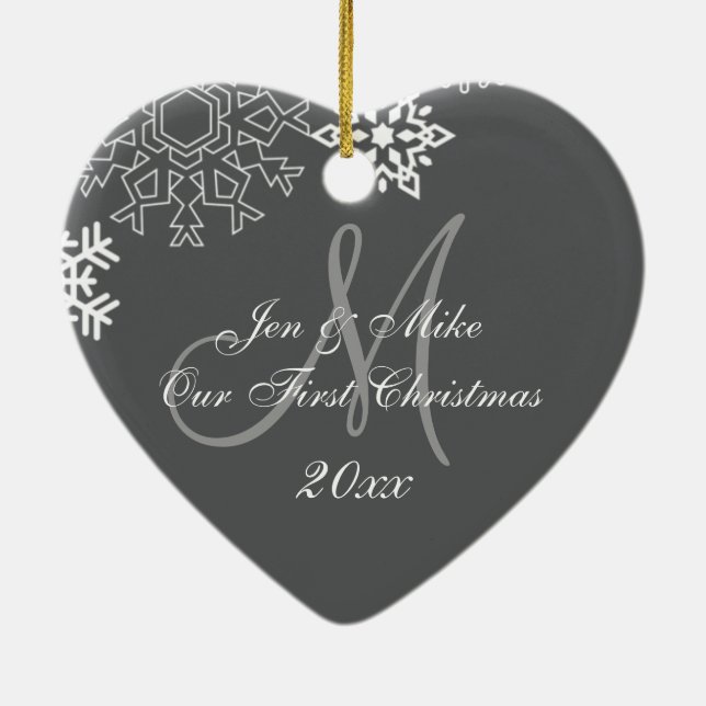 Couple's First Christmas Ornament | Monogram Grey (Back)