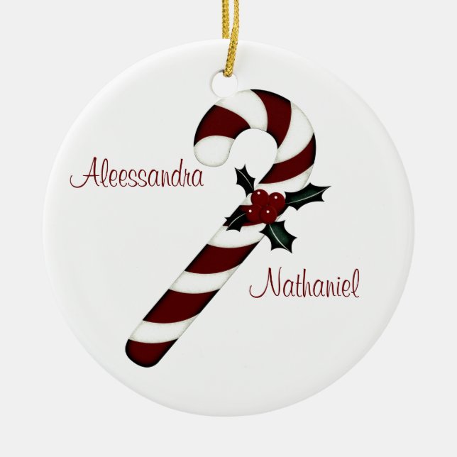 "Couple's First Christmas" - Red/White Candy Cane Ceramic Tree Decoration (Front)