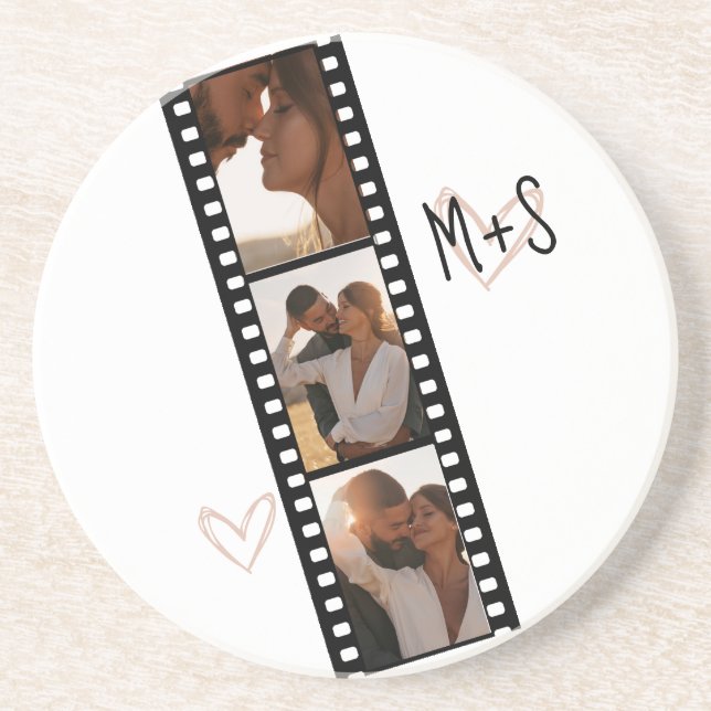 Couples Initials 3 Photo Filmstrip with Hearts Coaster (Front)