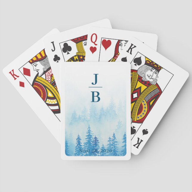 Couples Initials Evergreens in Fog Forest Blue Playing Cards (Back)