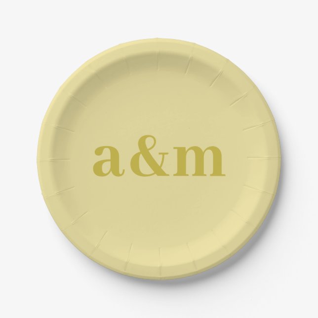 Couple's Initials Light Yellow/Mustard Minimalist Paper Plate (Front)