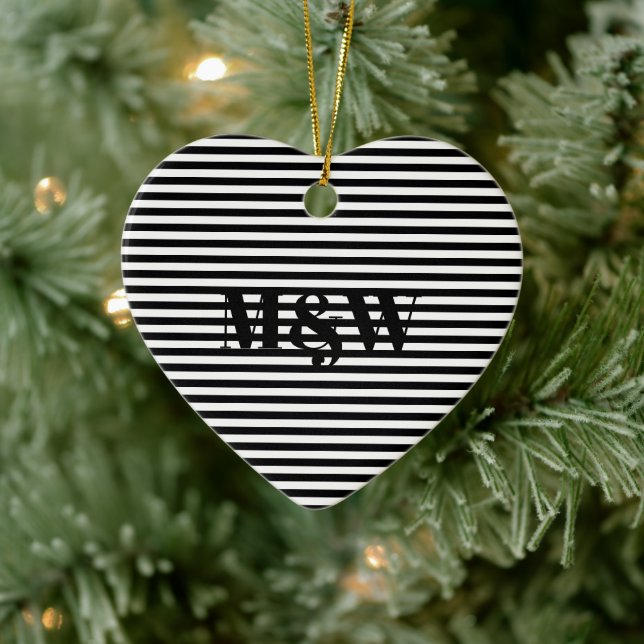 Couple's initials monogram black white stripes ceramic tree decoration (Tree)