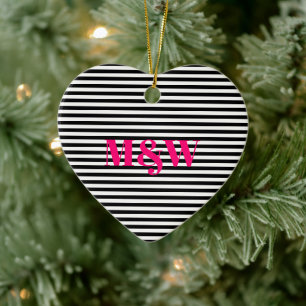Couple's initials monogram black white stripes ceramic tree decoration