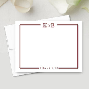 Couple's Initials Newlyweds Dark Red Thank You Card