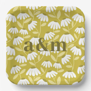 Couple's Initials Olive/Mustard Green Floral Paper Plate