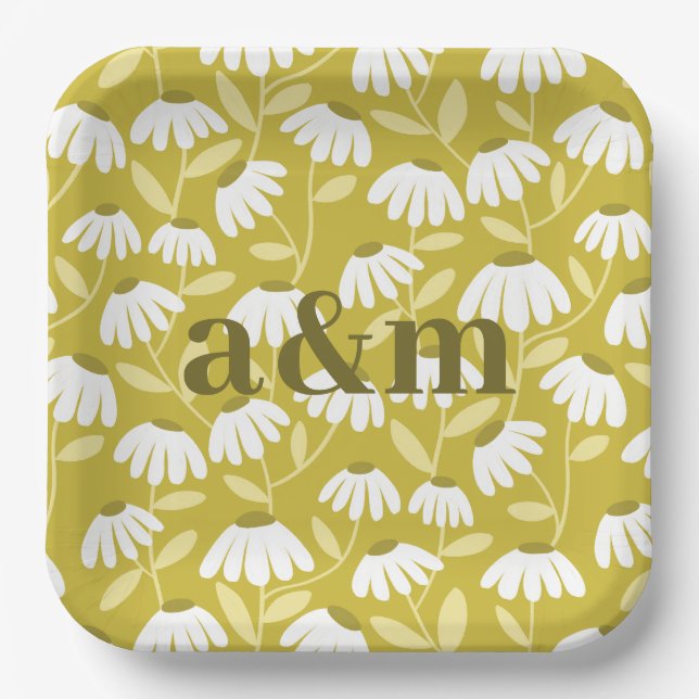 Couple's Initials Olive/Mustard Green Floral Paper Plate (Front)