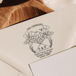 Couples Initials Return Address Flowers Rubber Stamp