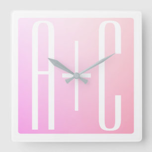 Couple's Initials   Subtle Pink Gradation Square Wall Clock