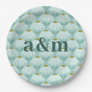 Couple's Initials Teal Blue & Olive Floral Paper Plate