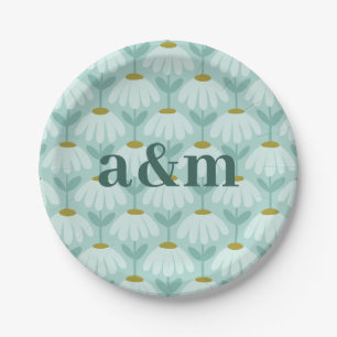 Couple's Initials Teal Blue & Olive Floral Paper Plate