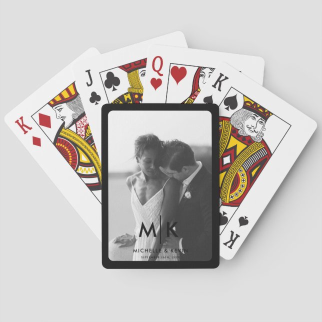 Couples Initials Wedding Photo Monogram Black Playing Cards (Back)