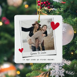 Couples Love at First Swipe’ online dating  Ceramic Ornament<br><div class="desc">Funny cute personalised gift for a couple who met through online dating! Design features a photograph of the lovebirds with the text 'It was love at first swipe!',  their names and a couple of red hearts. Design is repeated on both sides of the christmas ornament.</div>