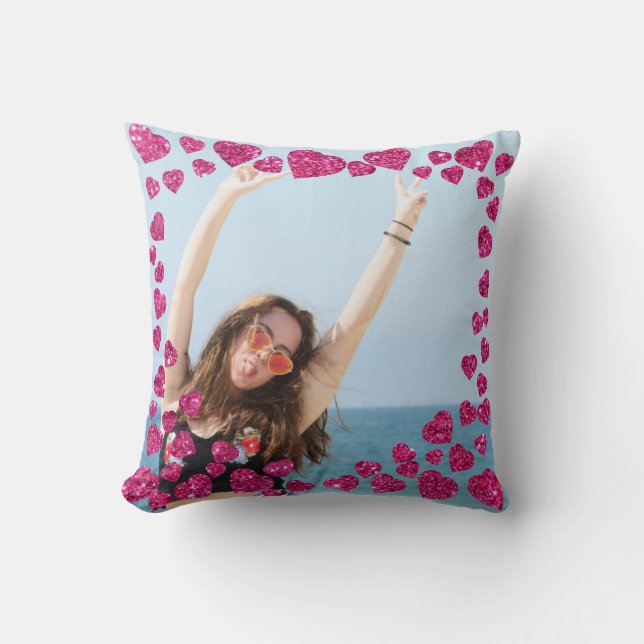 Couples Love Photo Pink Glitter Heart Modern Cute Cushion (Front)