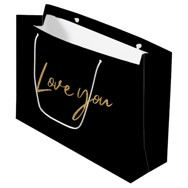 Couples Love You Valentines Day Gold Glitter Black Large Gift Bag (Front Angled)