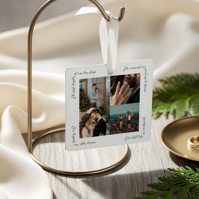 Couples Milestone Timeline Photo Memory Keepsake Metal Tree Decoration (Minimal Couples Love Story Timeline Photo Moments Metal Ornament)