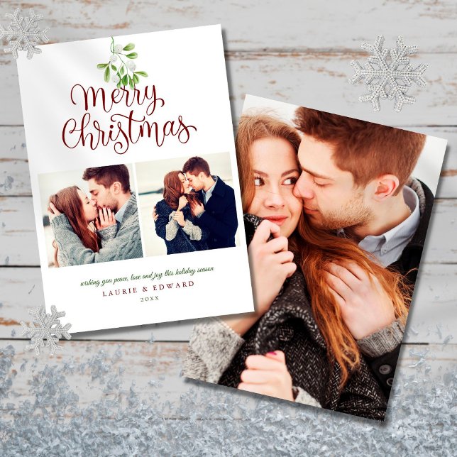 Couples Mistletoe Merry Christmas 3 Photo Holiday Card (Creator Uploaded)