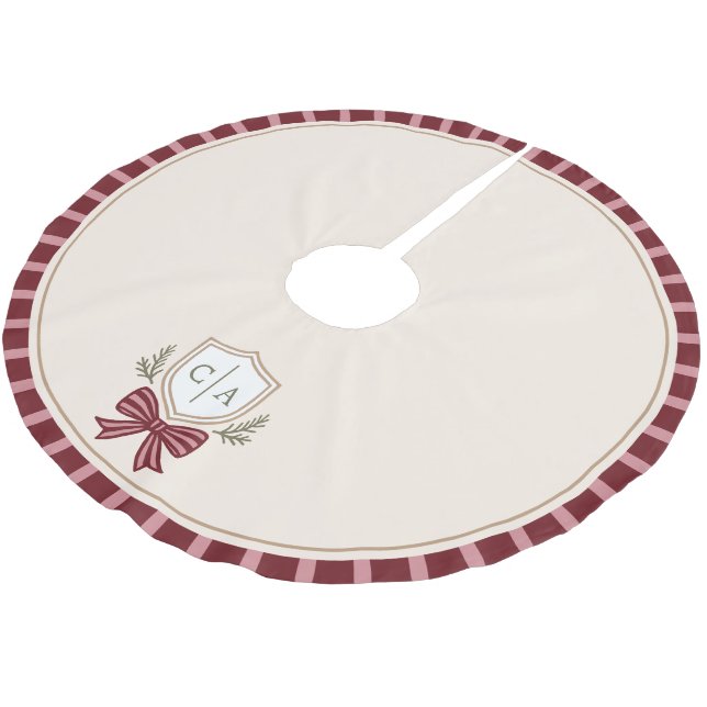 Couple's Monogram Crest Bow Christmas Tree Skirt (Angled)