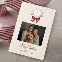 Couples Monogram Crest Bow Photo Christmas Card
