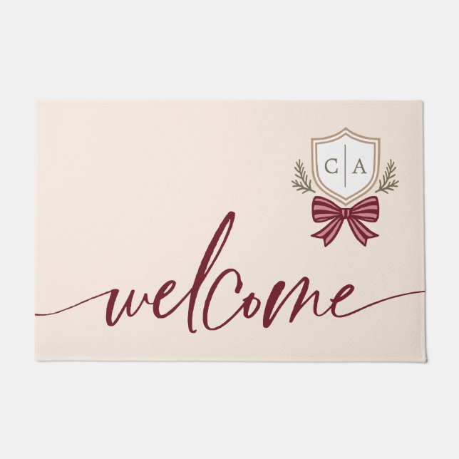 Couple's Monogram Crest Bow Welcome Christmas  Doormat (Front)