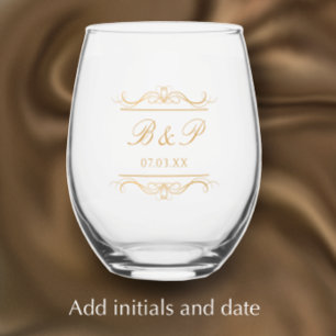 Couple's Monogram Custom Modern Elegant Gold Swirl Stemless Wine Glass