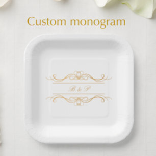 Couple's Monogram Elegant Gold Swirl Wedding Paper Plate