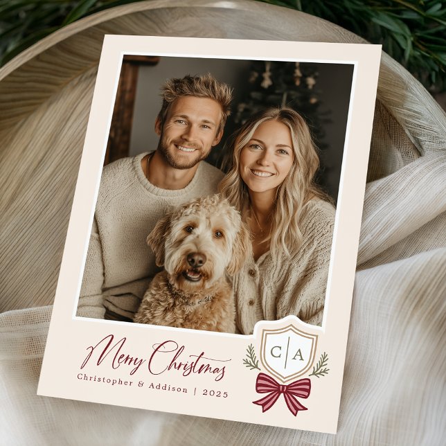 Couples Monogram Initials Bow Photo Christmas Card (Creator Uploaded)