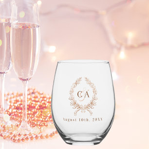 Couples monogram initials wreath rose gold stemless wine glass