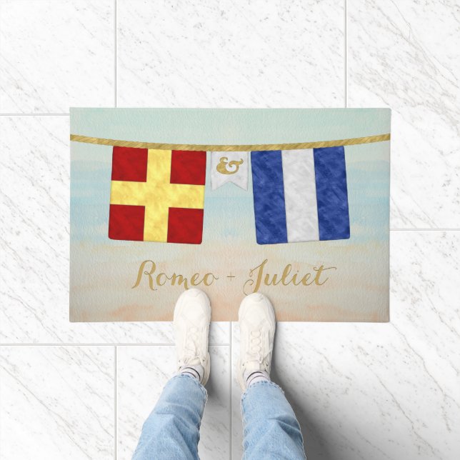 Couples Monogram Maritime Signal Flags Watercolor Doormat (Indoor)
