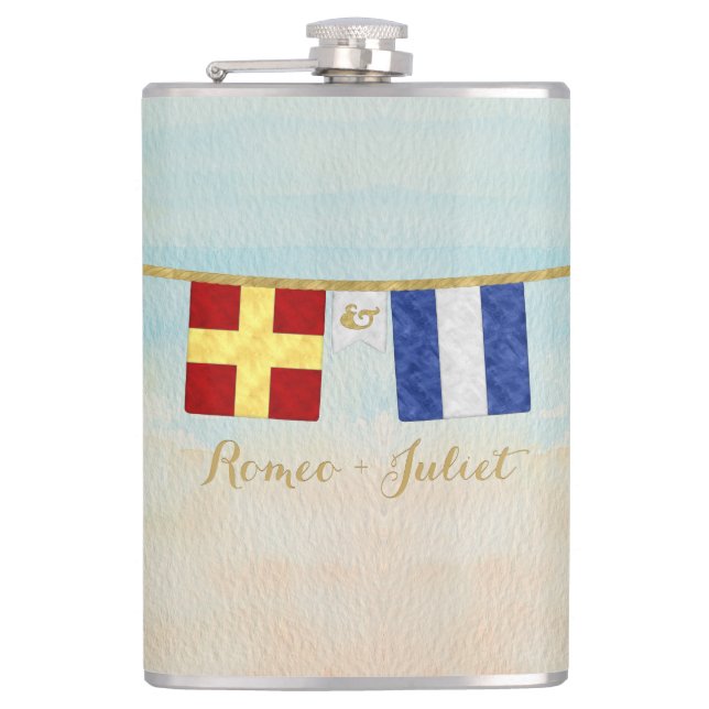 Couples Monogram Maritime Signal Flags Watercolor Hip Flask (Front)