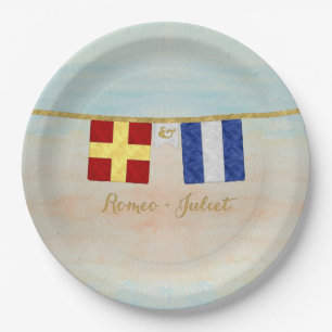 Couples Monogram Maritime Signal Flags Watercolor Paper Plate