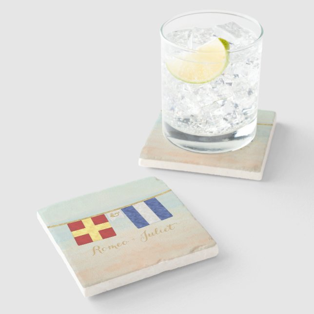 Couples Monogram Maritime Signal Flags Watercolor Stone Coaster (Side)
