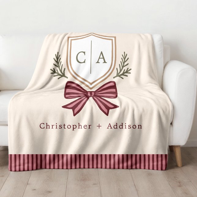 Couple's Monogram Names Crest Bow Christmas Fleece Blanket (Creator Uploaded)