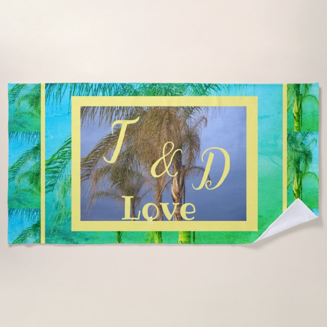 Couple's Monogram Palm Trees Beach Towel (Front)