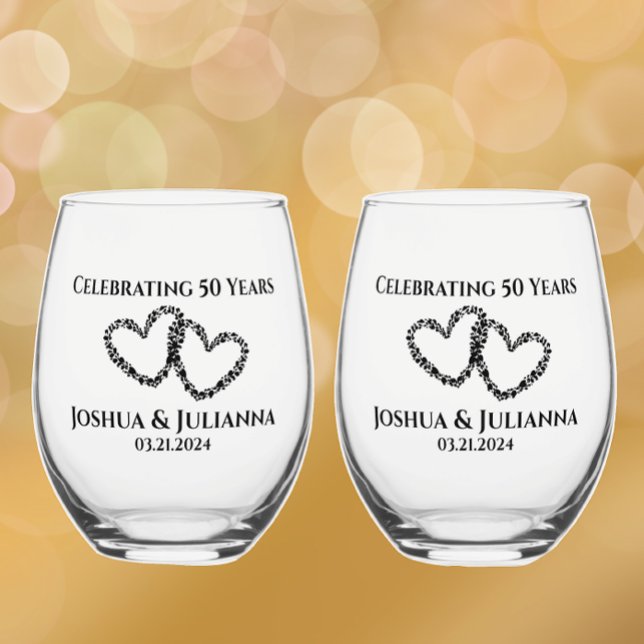 Couples Name 50th Anniversary Gift Original Heart Stemless Wine Glass (Personalized 50th Anniversary gift. Modern romantic hearts custom stylish script for keepsake gift.)