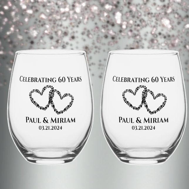 Couples Name 60th Anniversary Gift Original Heart Stemless Wine Glass (Personalize keepsake 60th anniversary elegant hearts glass. Add names date for favorite or gift.
)