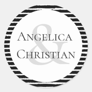 Couples Name Modern Black White Stripe Classic Round Sticker