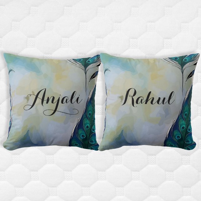 Couples Name Peacock Feather  Cushion (Creator Uploaded)