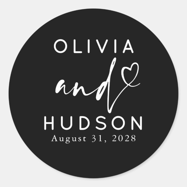 Couple's Names and Heart Modern Black Wedding Classic Round Sticker (Front)