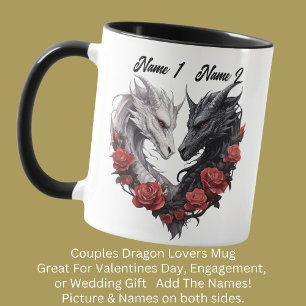 Couples Names Black & White Dragons, Red Flowers Mug