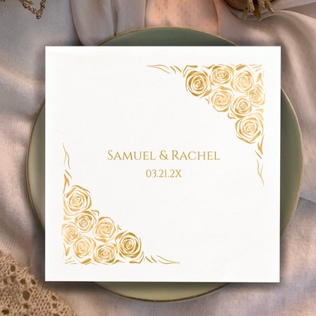 Couple's Names Date Hand Drawn Gold Roses Wedding Napkin (Personalize these hand drawn roses overlaid with a golden gradient. Chic and unique wedding napkins.)