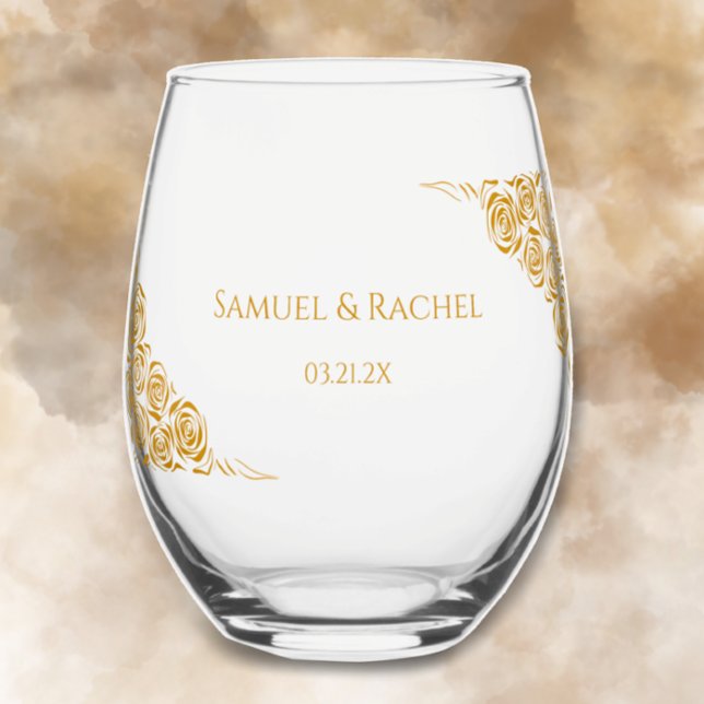 Couple's Names Date Hand Drawn Gold Roses Wedding Stemless Wine Glass (Add couples names and wedding date for an elegant unique keepsake glass, hand drawn golden roses.
)